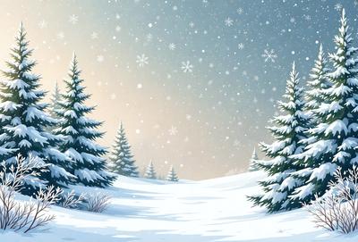 The primary subject of the image is a snowy landscape with a group of pine trees. The setting is a snow-covered field, and the visual style is a digital art illustration. The colors and mood of the image are predominantly white, with a touch of blue, creating a serene and peaceful atmosphere.